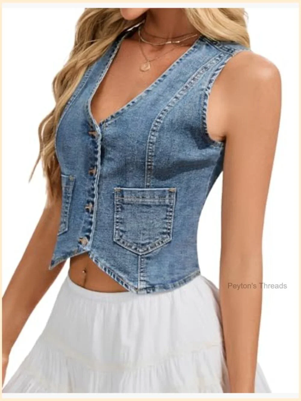 Sleeveless V-Neck Cropped Denim Vest with Pockets - Picture 4 of 7
